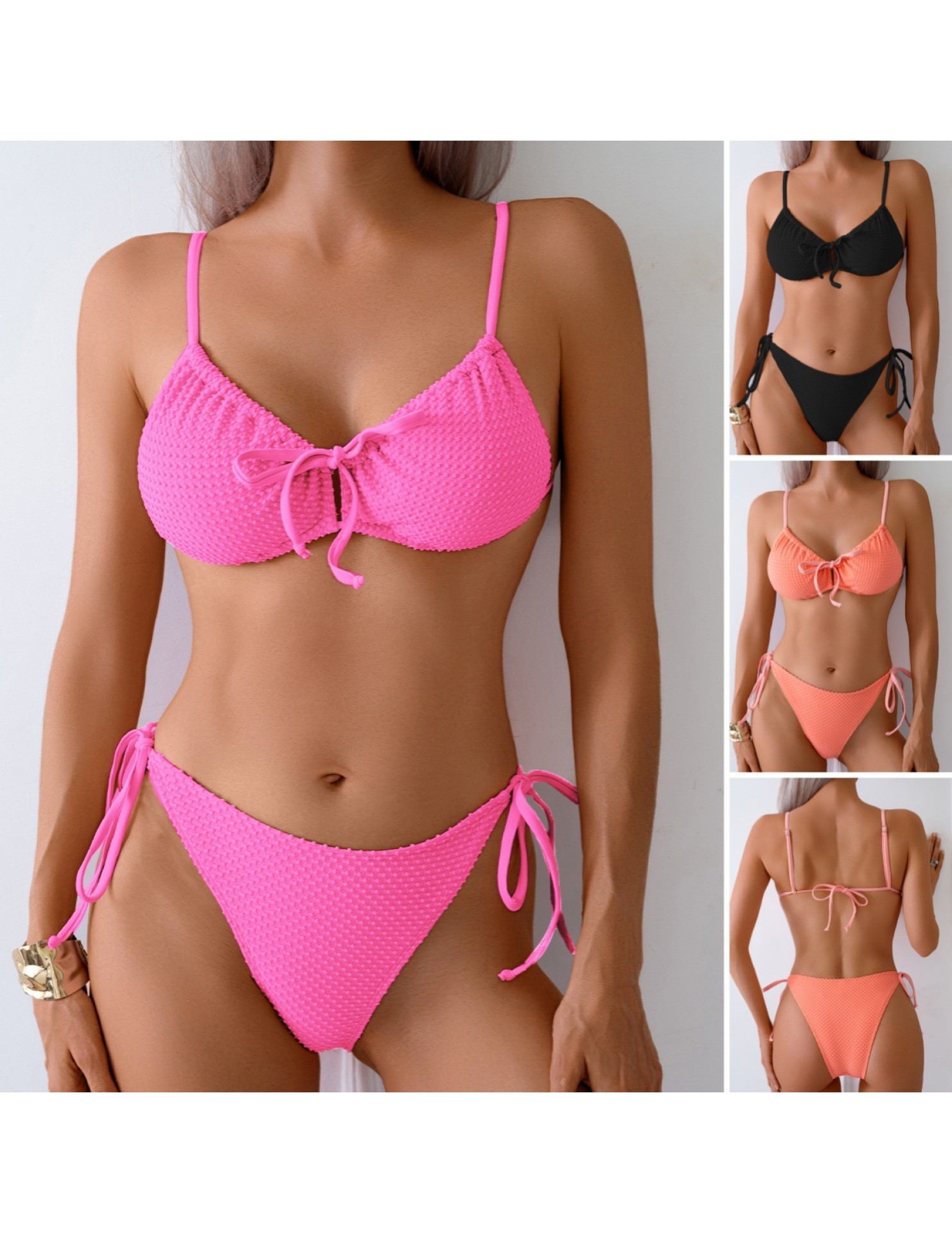 LYXN120100128 綁帶比基尼泳衣女性感深V聚攏露背分體泳衣辣妹度假泳裝