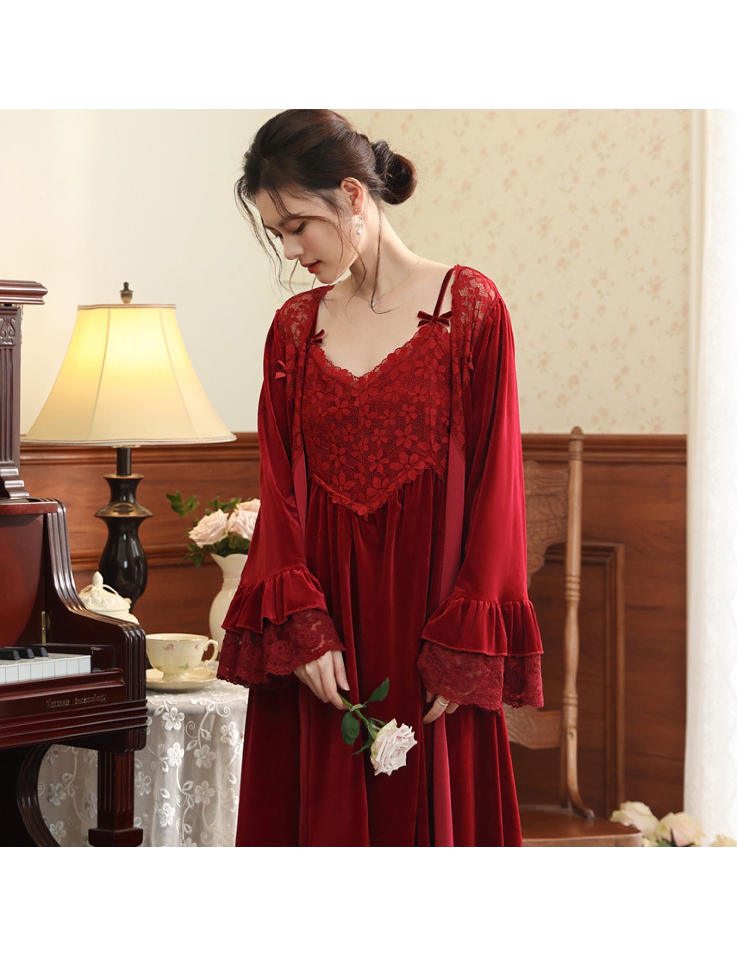 PRDN121100014 長袖睡袍女金絲絨睡裙新娘晨袍法式保暖睡衣可外穿家居服套裝秋冬