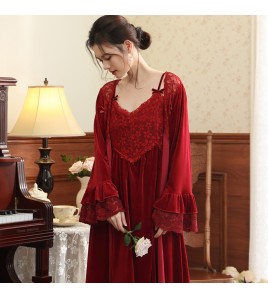 PRDN121100014 長袖睡袍女金絲絨睡裙新娘晨袍法式保暖睡衣可外穿家居服套裝秋冬