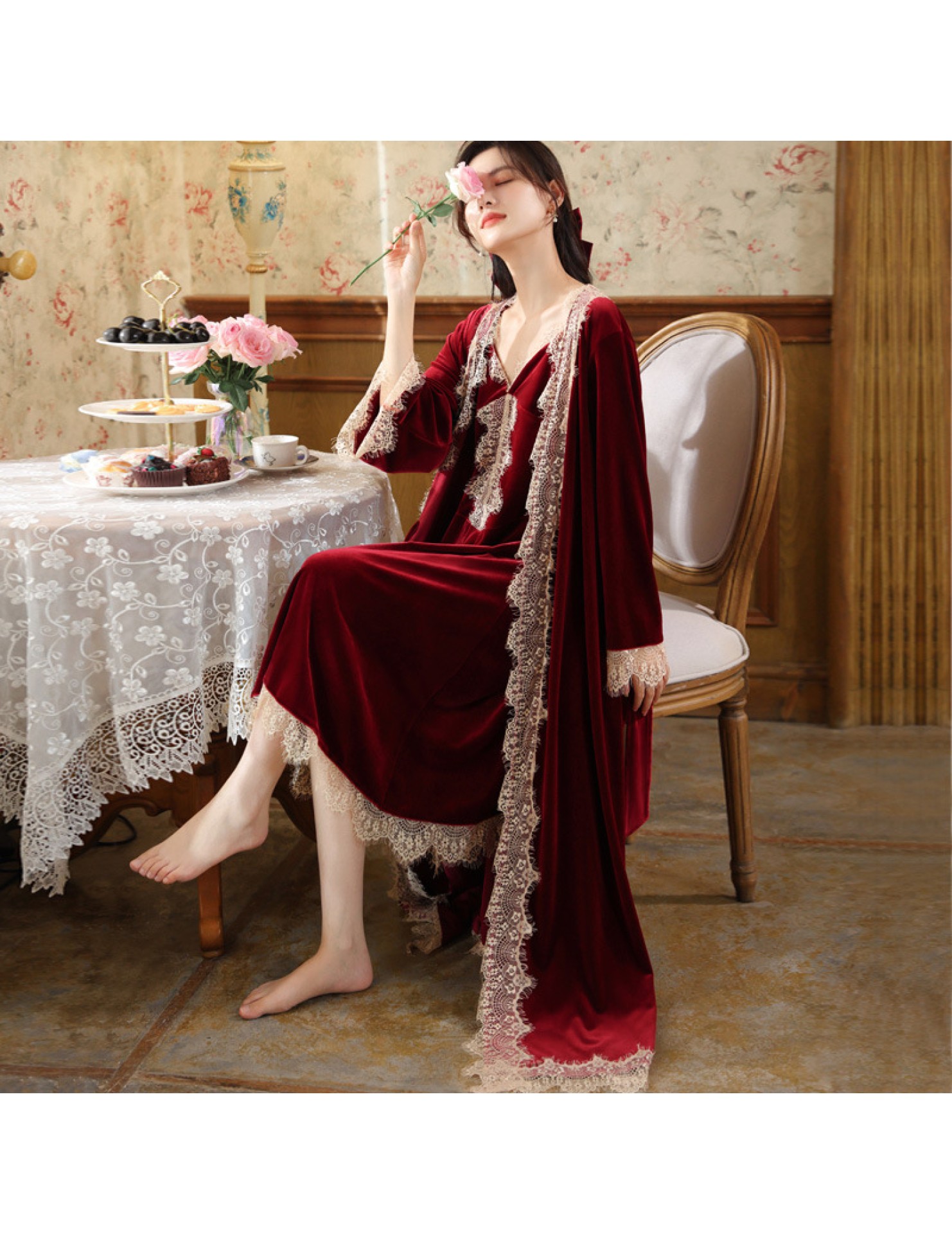 PRDN121100015 長袖睡袍女金絲絨睡裙新娘晨袍宮廷風保暖睡衣可外穿家居服套裝冬
