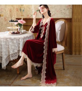 PRDN121100015 長袖睡袍女金絲絨睡裙新娘晨袍宮廷風保暖睡衣可外穿家居服套裝冬
