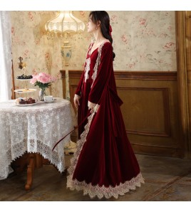 PRDN121100015 長袖睡袍女金絲絨睡裙新娘晨袍宮廷風保暖睡衣可外穿家居服套裝冬