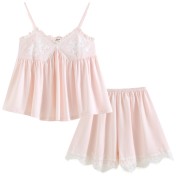 PRDN121100019 吊帶睡衣女夏棉睡褲兩件套宮廷風繡花法式帶胸墊可外穿家居服套裝