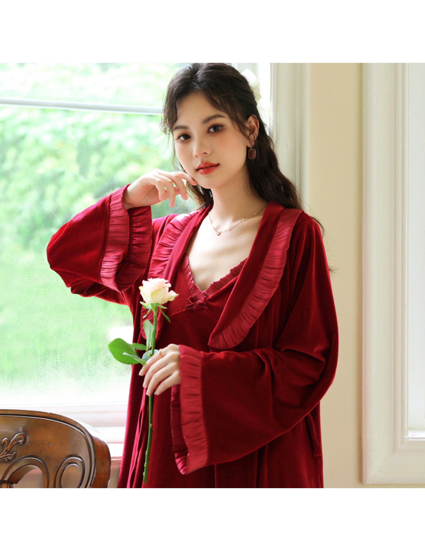 PRDN121100024 長袖睡袍女金絲絨睡裙新娘晨袍法式保暖睡衣可外穿家居服套裝秋冬