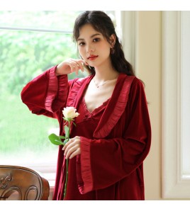 PRDN121100024 長袖睡袍女金絲絨睡裙新娘晨袍法式保暖睡衣可外穿家居服套裝秋冬