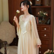 PRDN121100029 長袖睡袍女秋胸墊吊帶裙法式宮廷風睡衣網紗晨袍外穿家居服套裝春