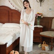 PRDN121100029 長袖睡袍女秋胸墊吊帶裙法式宮廷風睡衣網紗晨袍外穿家居服套裝春