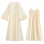 PRDN121100029 長袖睡袍女秋胸墊吊帶裙法式宮廷風睡衣網紗晨袍外穿家居服套裝春