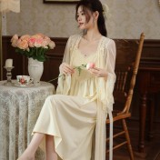 PRDN121100029 長袖睡袍女秋胸墊吊帶裙法式宮廷風睡衣網紗晨袍外穿家居服套裝春