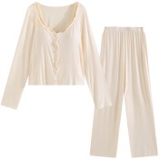 PRDN121100033 長袖睡衣套裝莫代爾宮廷風彈力睡褲帶胸墊吊帶外穿家居服三件套秋