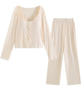 PRDN121100033 長袖睡衣套裝莫代爾宮廷風彈力睡褲帶胸墊吊帶外穿家居服三件套秋