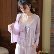 PRDN121100033 長袖睡衣套裝莫代爾宮廷風彈力睡褲帶胸墊吊帶外穿家居服三件套秋