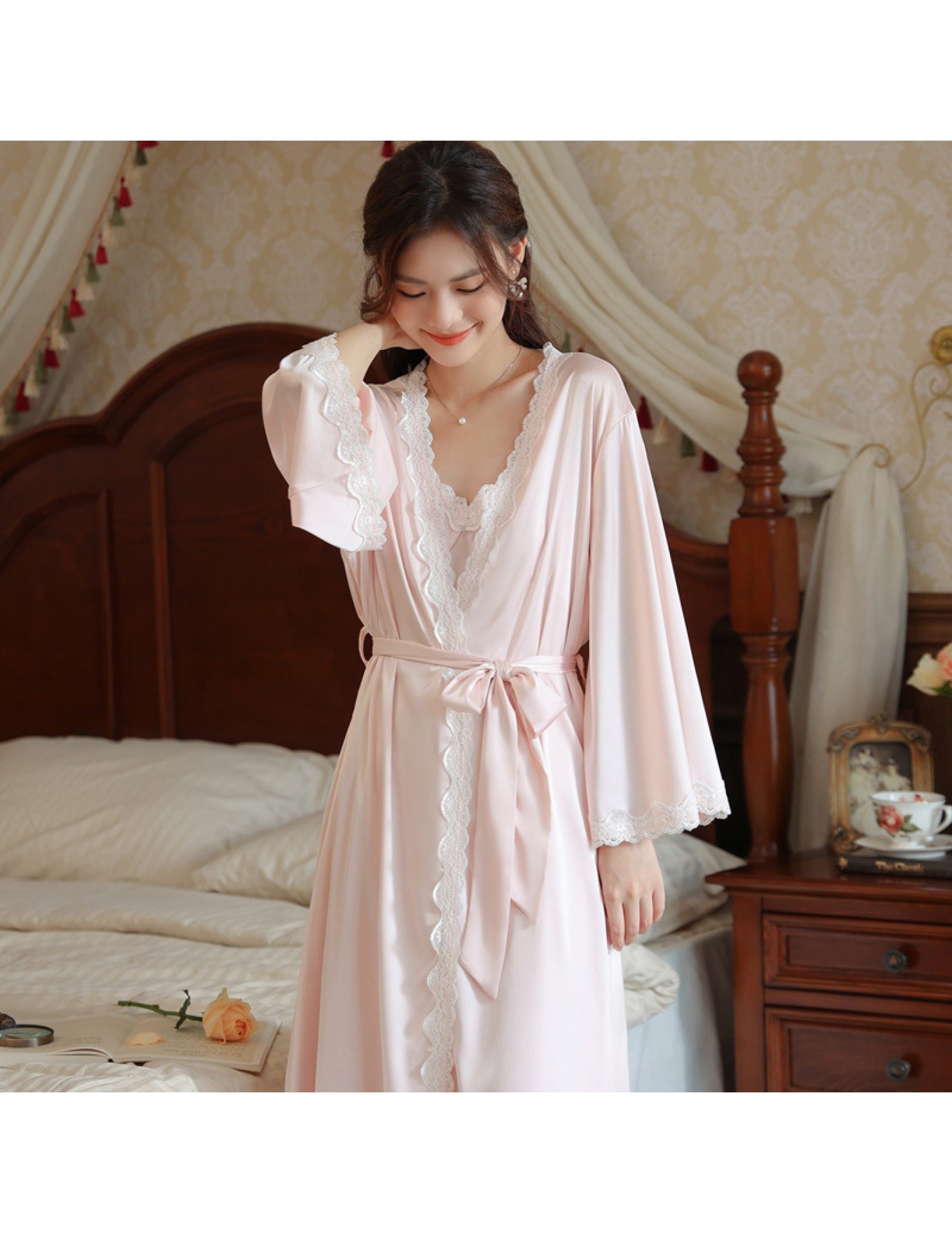 PRDN121100034 長袖睡袍女春仿真絲睡裙冰絲宮廷風睡衣帶胸墊外穿家居服套裝秋冬