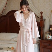 PRDN121100034 長袖睡袍女春仿真絲睡裙冰絲宮廷風睡衣帶胸墊外穿家居服套裝秋冬