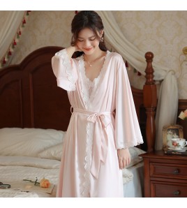PRDN121100034 長袖睡袍女春仿真絲睡裙冰絲宮廷風睡衣帶胸墊外穿家居服套裝秋冬