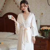 PRDN121100034 長袖睡袍女春仿真絲睡裙冰絲宮廷風睡衣帶胸墊外穿家居服套裝秋冬