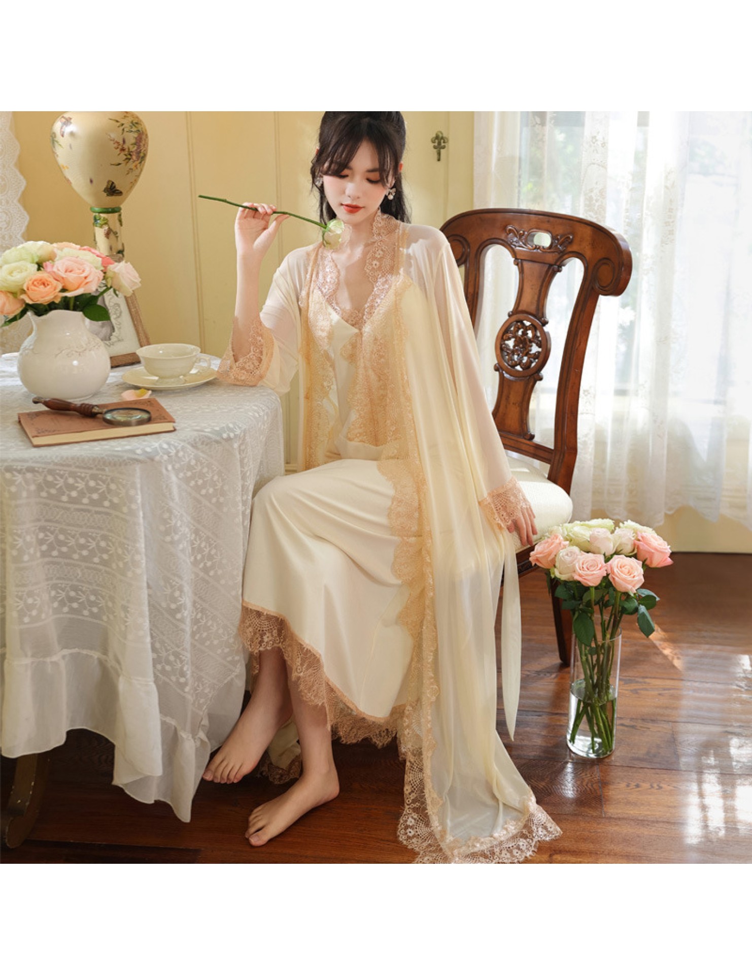 PRDN121100037 長袖睡袍女春胸墊吊帶睡裙棉宮廷風睡衣網紗晨袍外穿家居服套裝秋