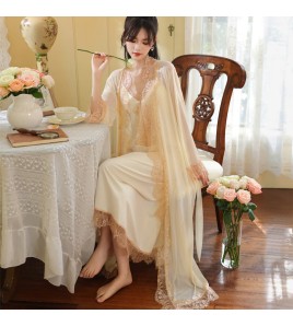 PRDN121100037 長袖睡袍女春胸墊吊帶睡裙棉宮廷風睡衣網紗晨袍外穿家居服套裝秋