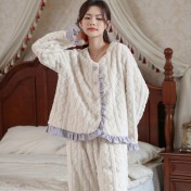 PRDN121100068 長袖加絨加厚睡衣女珊瑚絨法式可外穿保暖法蘭絨開衫家居服套裝冬