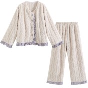 PRDN121100068 長袖加絨加厚睡衣女珊瑚絨法式可外穿保暖法蘭絨開衫家居服套裝冬