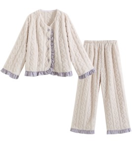 PRDN121100068 長袖加絨加厚睡衣女珊瑚絨法式可外穿保暖法蘭絨開衫家居服套裝冬