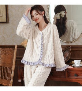 PRDN121100068 長袖加絨加厚睡衣女珊瑚絨法式可外穿保暖法蘭絨開衫家居服套裝冬