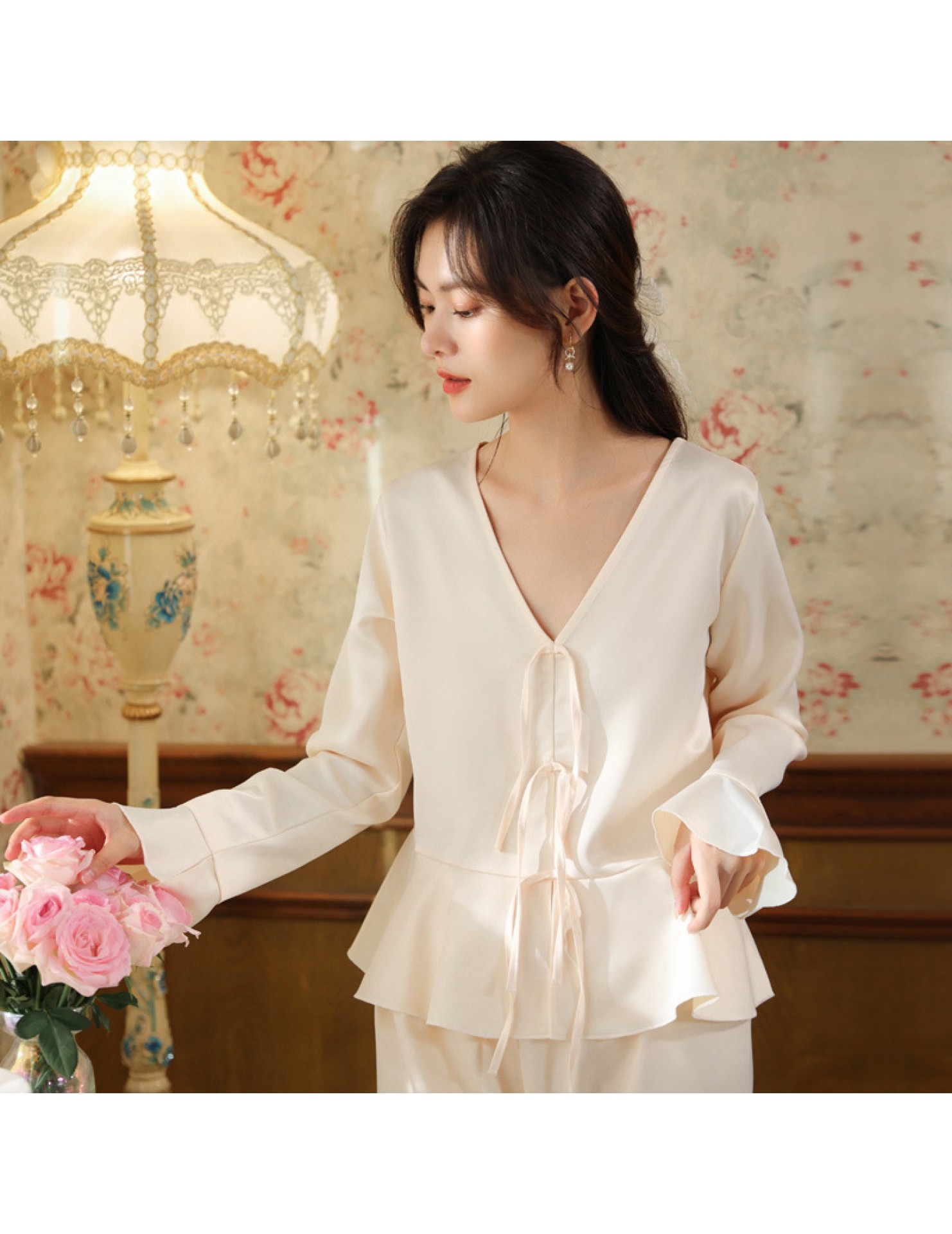 PRDN121100069 長袖睡衣套裝仿真絲宮廷復古風寬松冰絲睡褲外穿家居服兩件套秋冬