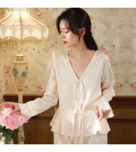 PRDN121100069 長袖睡衣套裝仿真絲宮廷復古風寬松冰絲睡褲外穿家居服兩件套秋冬