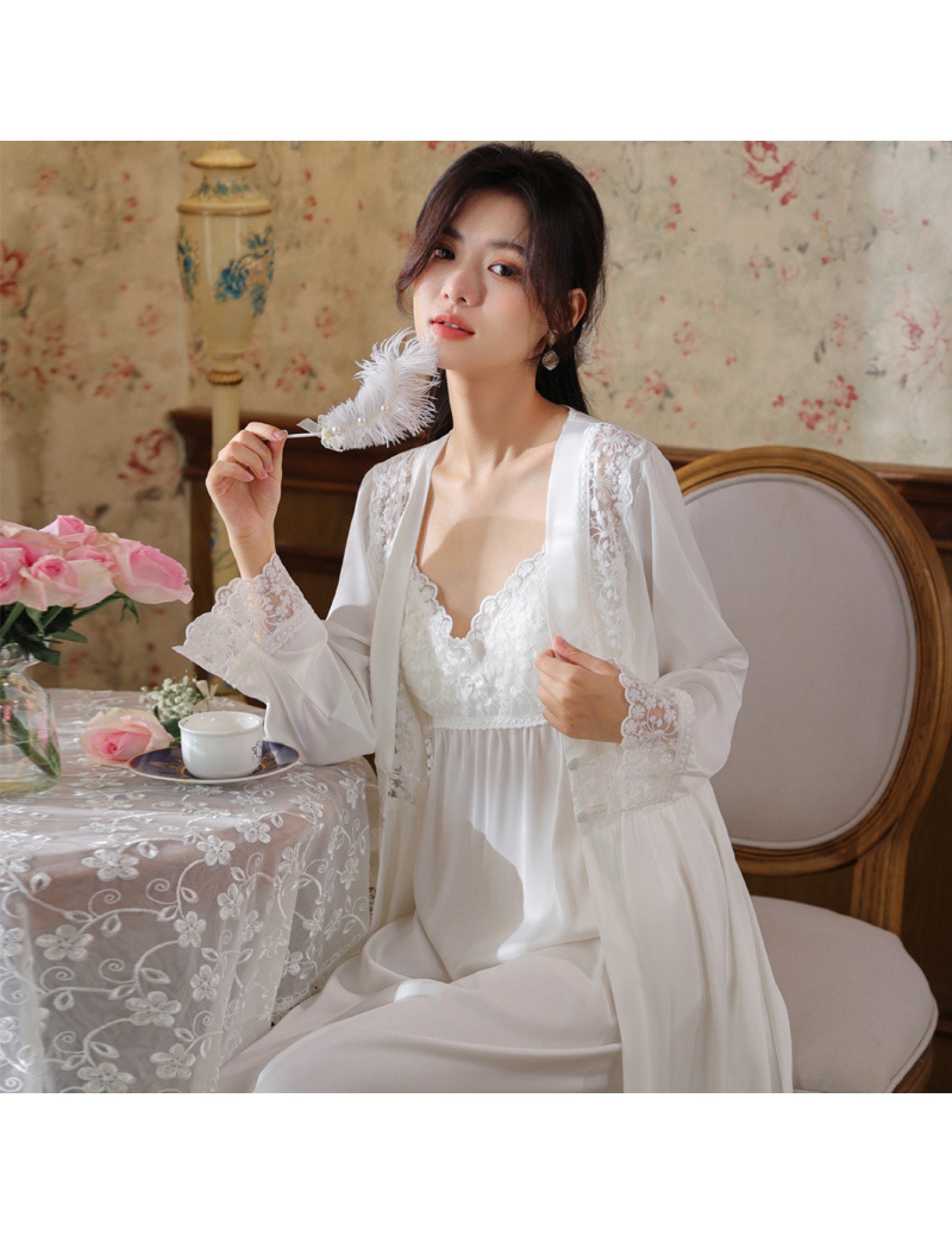 PRDN121100070 長袖睡袍女仿真絲睡裙兩件套宮廷復古風睡衣胸墊外穿家居服套裝秋