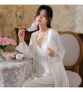 PRDN121100070 長袖睡袍女仿真絲睡裙兩件套宮廷復古風睡衣胸墊外穿家居服套裝秋