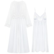 PRDN121100070 長袖睡袍女仿真絲睡裙兩件套宮廷復古風睡衣胸墊外穿家居服套裝秋