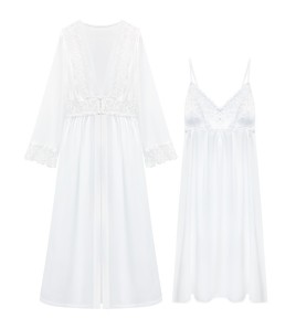 PRDN121100070 長袖睡袍女仿真絲睡裙兩件套宮廷復古風睡衣胸墊外穿家居服套裝秋