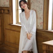 PRDN121100070 長袖睡袍女仿真絲睡裙兩件套宮廷復古風睡衣胸墊外穿家居服套裝秋