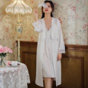 PRDN121100070 長袖睡袍女仿真絲睡裙兩件套宮廷復古風睡衣胸墊外穿家居服套裝秋