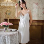 PRDN121100070 長袖睡袍女仿真絲睡裙兩件套宮廷復古風睡衣胸墊外穿家居服套裝秋