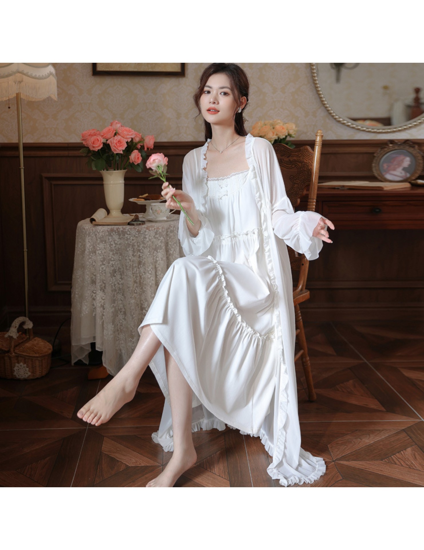 PRDN121100071 長袖睡袍女秋帶胸墊吊帶裙宮廷風睡衣法式網紗晨袍外穿家居服套裝