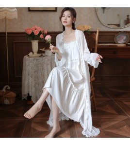 PRDN121100071 長袖睡袍女秋帶胸墊吊帶裙宮廷風睡衣法式網紗晨袍外穿家居服套裝