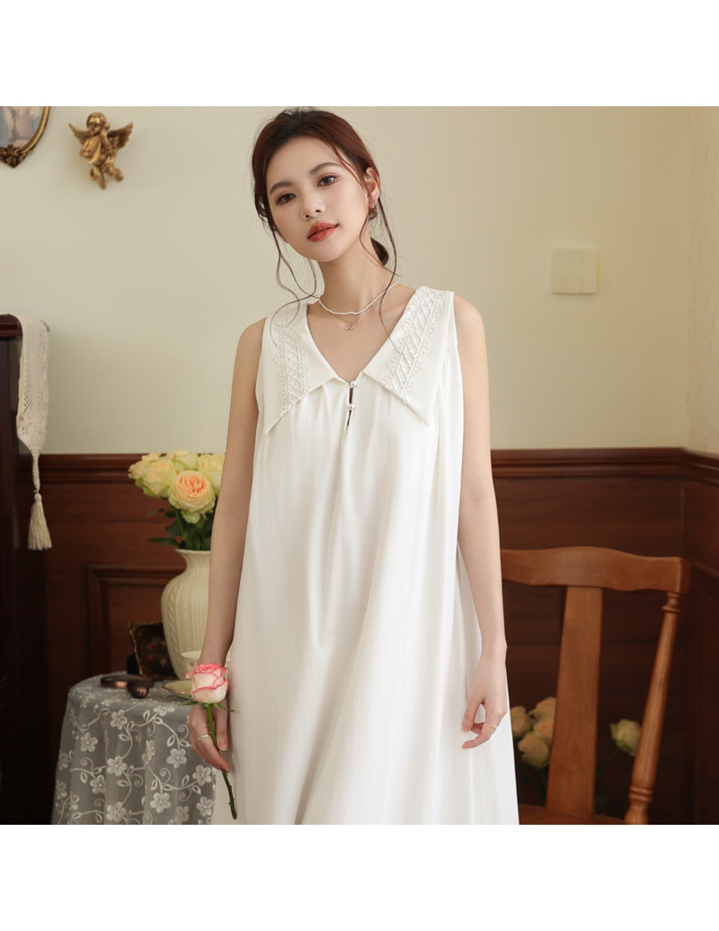 PRDN121100072 寬肩帶吊帶睡裙女夏法式風蕾絲舒適睡衣長款帶胸墊可外穿家居服棉