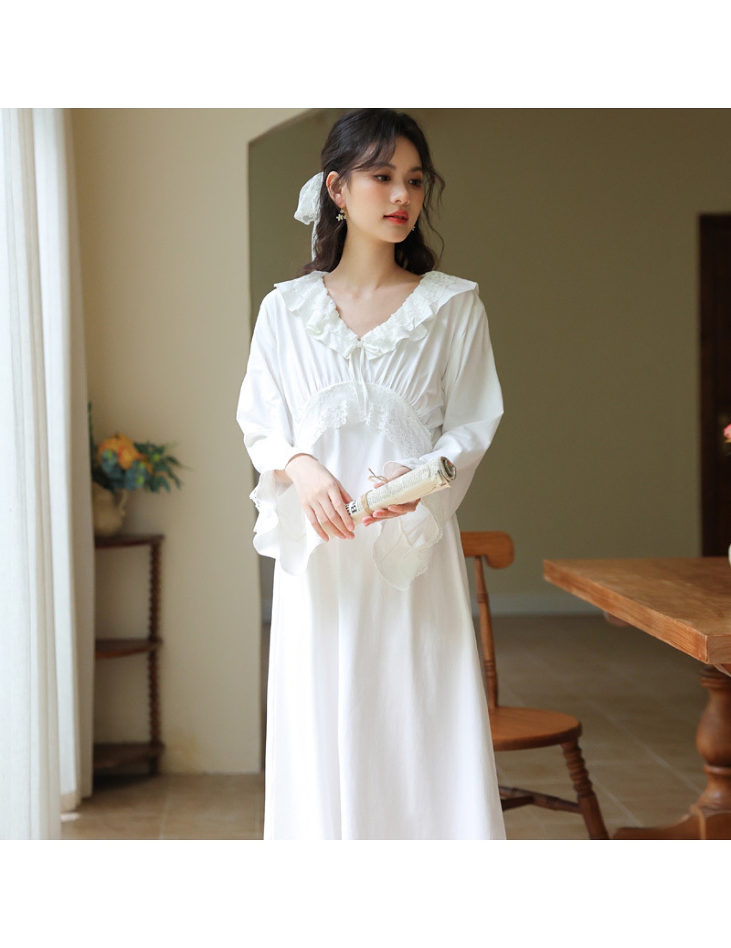 PRDN121100074 長袖睡裙棉春季舒適法式宮廷風長款睡衣柔軟可外穿甜美家居服秋冬