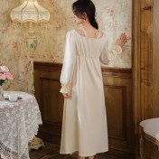 PRDN121100075 長袖睡裙女春仿真絲宮廷復古風蕾絲冰絲睡衣胸墊可外穿家居服秋冬