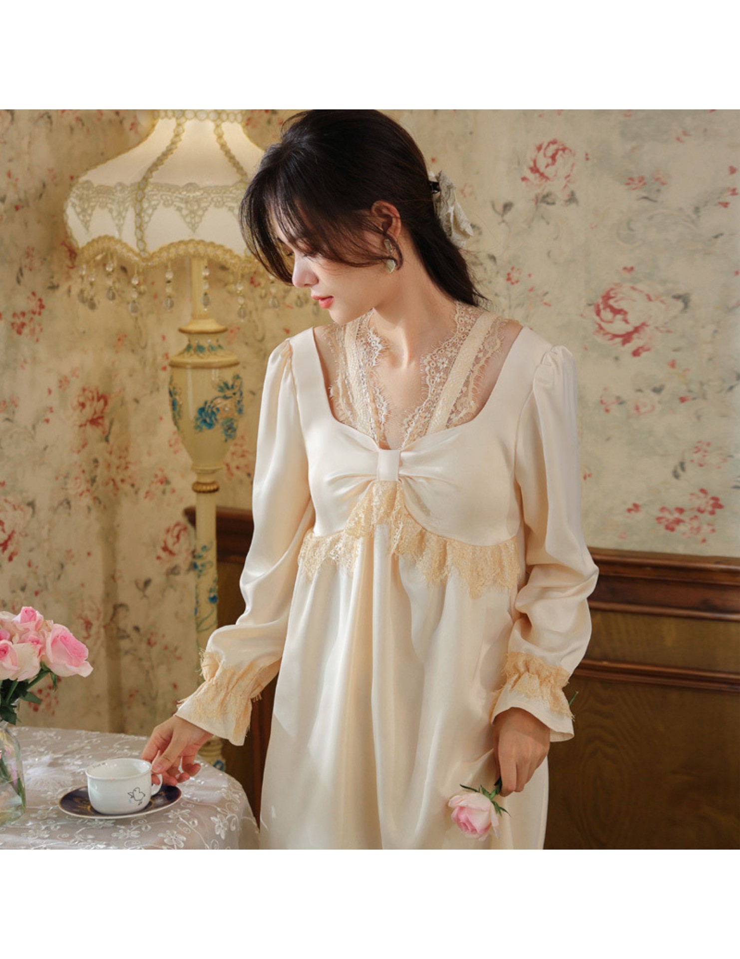 PRDN121100075 長袖睡裙女春仿真絲宮廷復古風蕾絲冰絲睡衣胸墊可外穿家居服秋冬