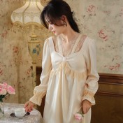 PRDN121100075 長袖睡裙女春仿真絲宮廷復古風蕾絲冰絲睡衣胸墊可外穿家居服秋冬