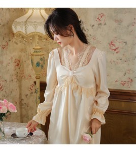 PRDN121100075 長袖睡裙女春仿真絲宮廷復古風蕾絲冰絲睡衣胸墊可外穿家居服秋冬