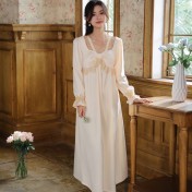 PRDN121100075 長袖睡裙女春仿真絲宮廷復古風蕾絲冰絲睡衣胸墊可外穿家居服秋冬