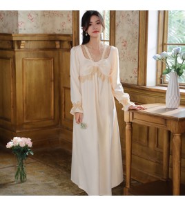 PRDN121100075 長袖睡裙女春仿真絲宮廷復古風蕾絲冰絲睡衣胸墊可外穿家居服秋冬
