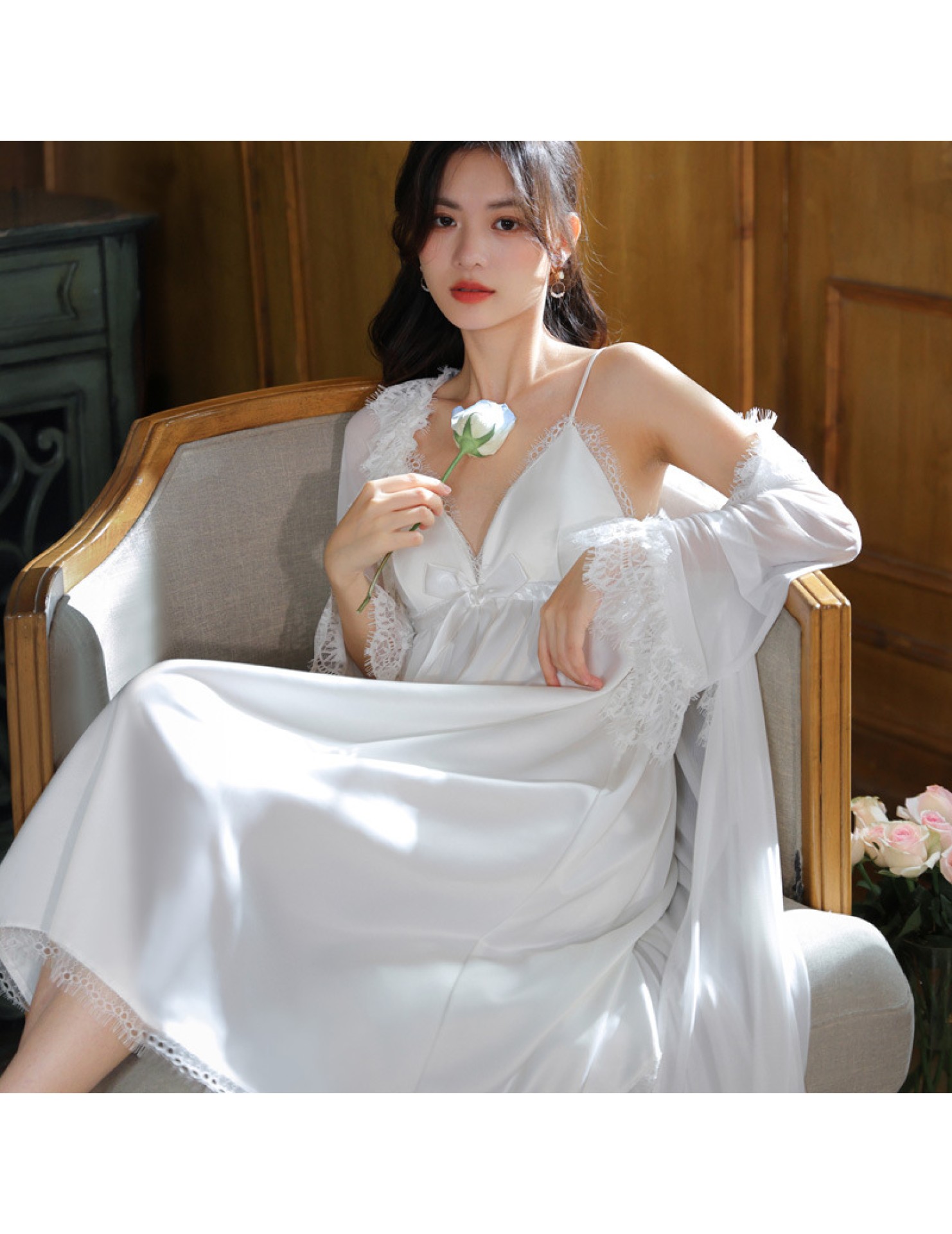 PRDN121100076 長袖睡袍女睡裙兩件套春宮廷風胸墊睡衣網紗性感外穿家居服套裝秋