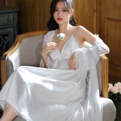 PRDN121100076 長袖睡袍女睡裙兩件套春宮廷風胸墊睡衣網紗性感外穿家居服套裝秋