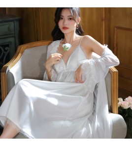 PRDN121100076 長袖睡袍女睡裙兩件套春宮廷風胸墊睡衣網紗性感外穿家居服套裝秋