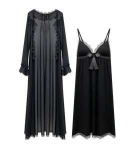 PRDN121100076 長袖睡袍女睡裙兩件套春宮廷風胸墊睡衣網紗性感外穿家居服套裝秋