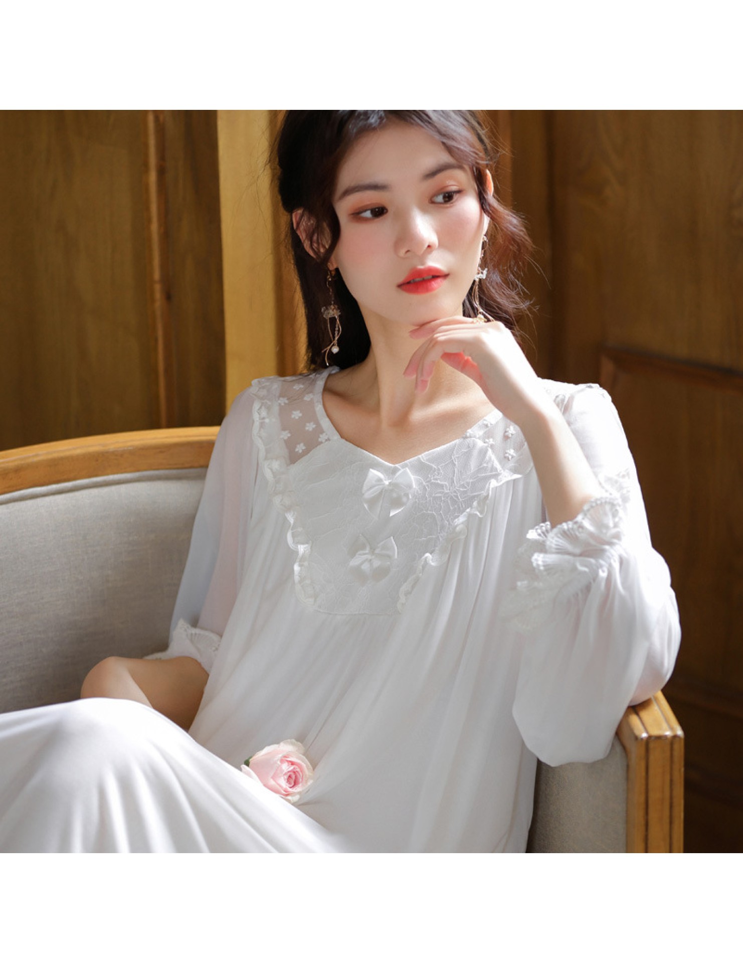 PRDN121100077 長袖網紗睡裙女春甜美宮廷風氣質蕾絲公主睡衣寬松可外穿家居服秋